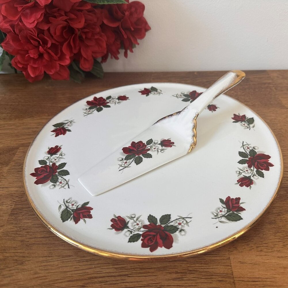 Aynsley Red Rose Cake Plate and Server Set Staffordshire England‎ Vintage Gold
